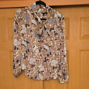 Ann Taylor Cream and Brown Tie Front Blouse